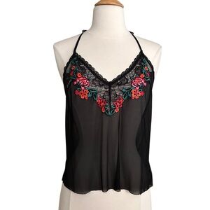 INC Sheer Black Lacey Strappy Camisole Floral Embroidery Lingerie Inspired Sz M